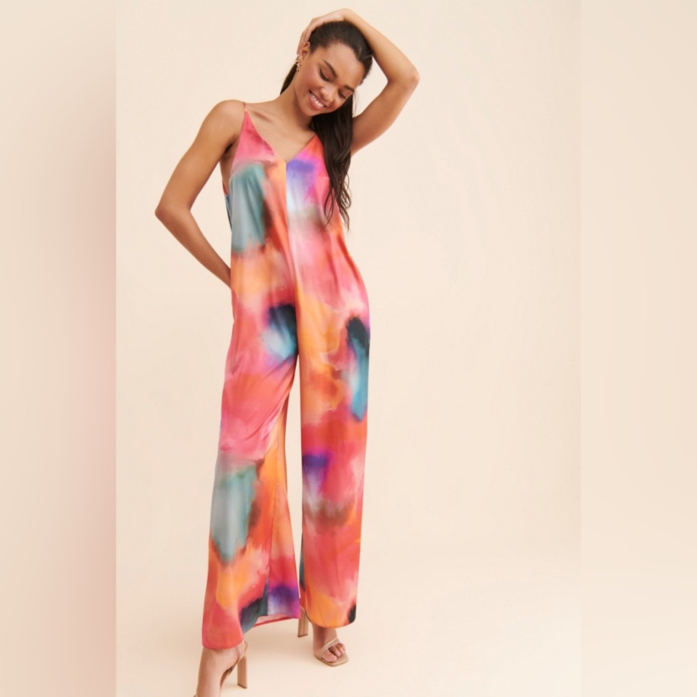 Anthropologie Satin Multicolor Tie-Dye Jumpsuit - Picture 3 of 5